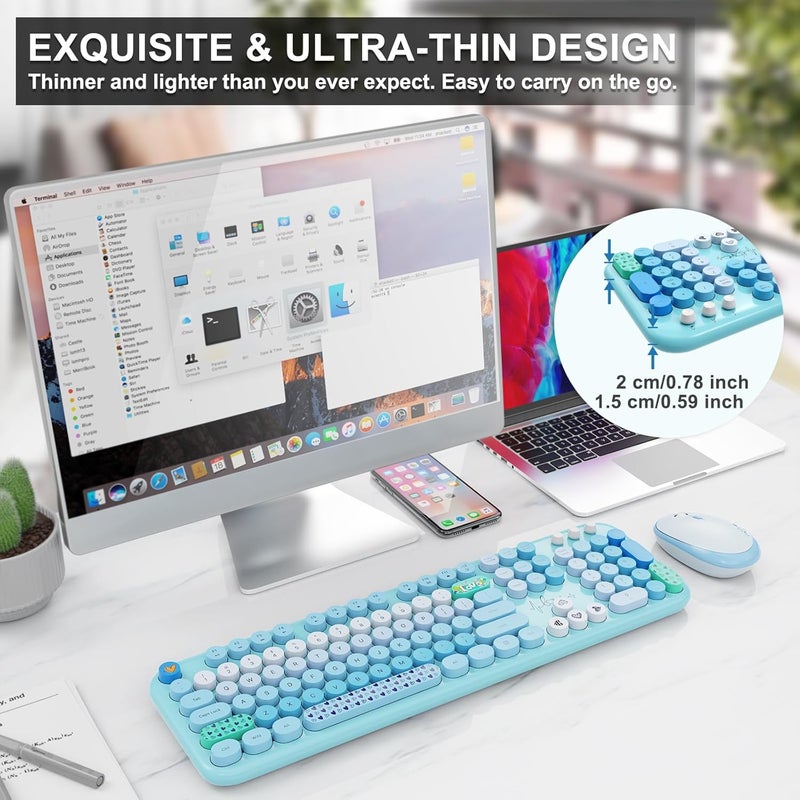 FOPETT Wireless Keyboard and Mouse Set, 104 Round Keys Full-Size Cute Colorful Keyboard and Mouse with Retro Typewriter for PC/Mac/Laptop/Tablet/Computer/Windows Blue - Image 5